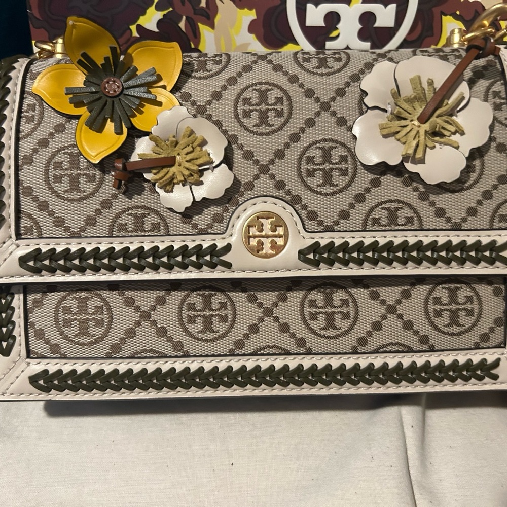 Tory Burch T monogram braided floral mini bag